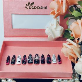 GGddsha Dark Series Pure Handmade Pressed Full StickMedium Almond Nails Hand Painted Designs ReusablePMMA Acrylic Press On Nails With Rhinestones Fake (Option: M)