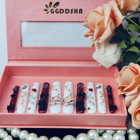 GGddsha Long Handmade PMMA Acrylic Press On Nails WithRhinestone Snake Rose Design, Dark Bear Nails,Reusable Fake Nails W Box, Gift For Women,Scarlet (Option: M)